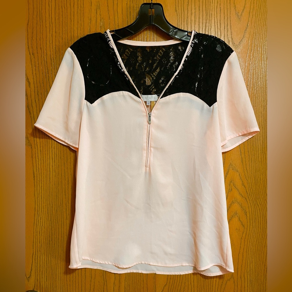 1. State Blouse in Pink with Black Lace Yoke